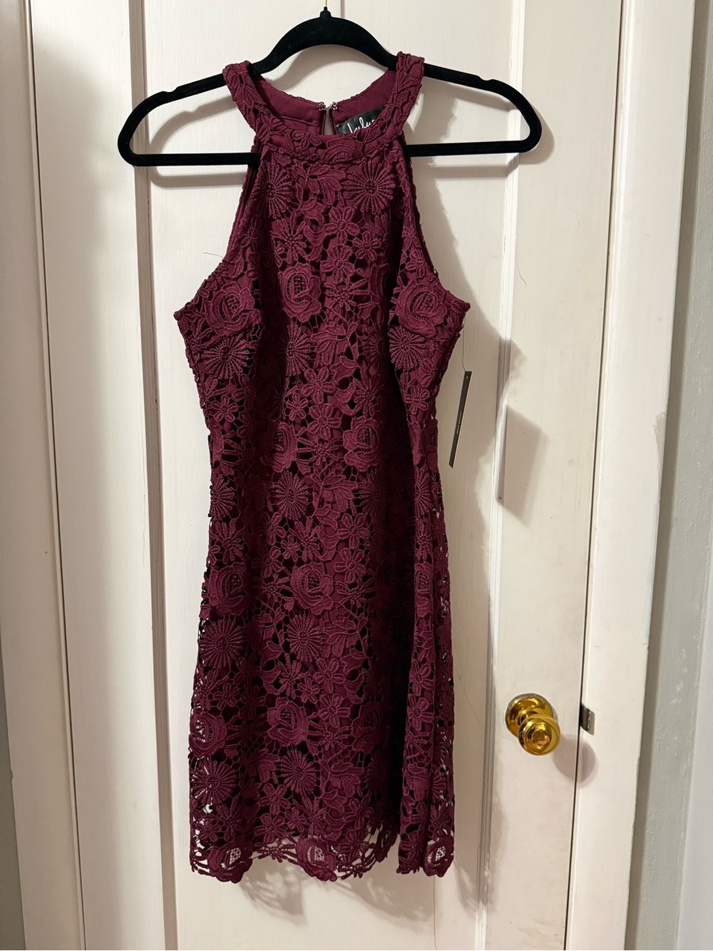 Lulus Love Poem Burgundy Lace Halter Mini Dress NWT